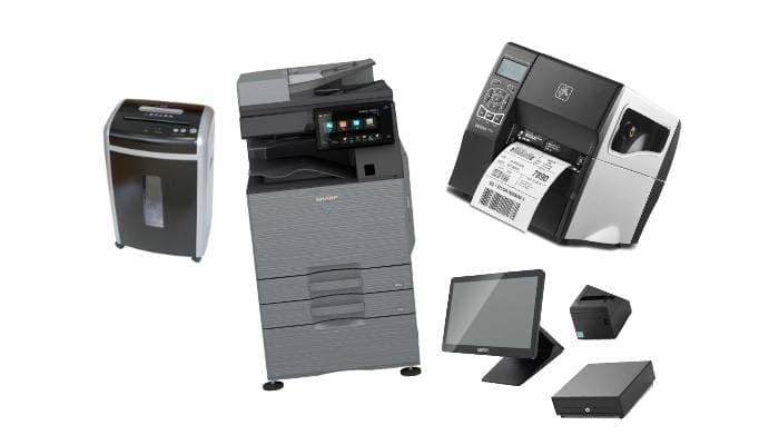 bildekollasje med produkter. Makuleringsmaskin, printer, etikettskriver og kassesystem